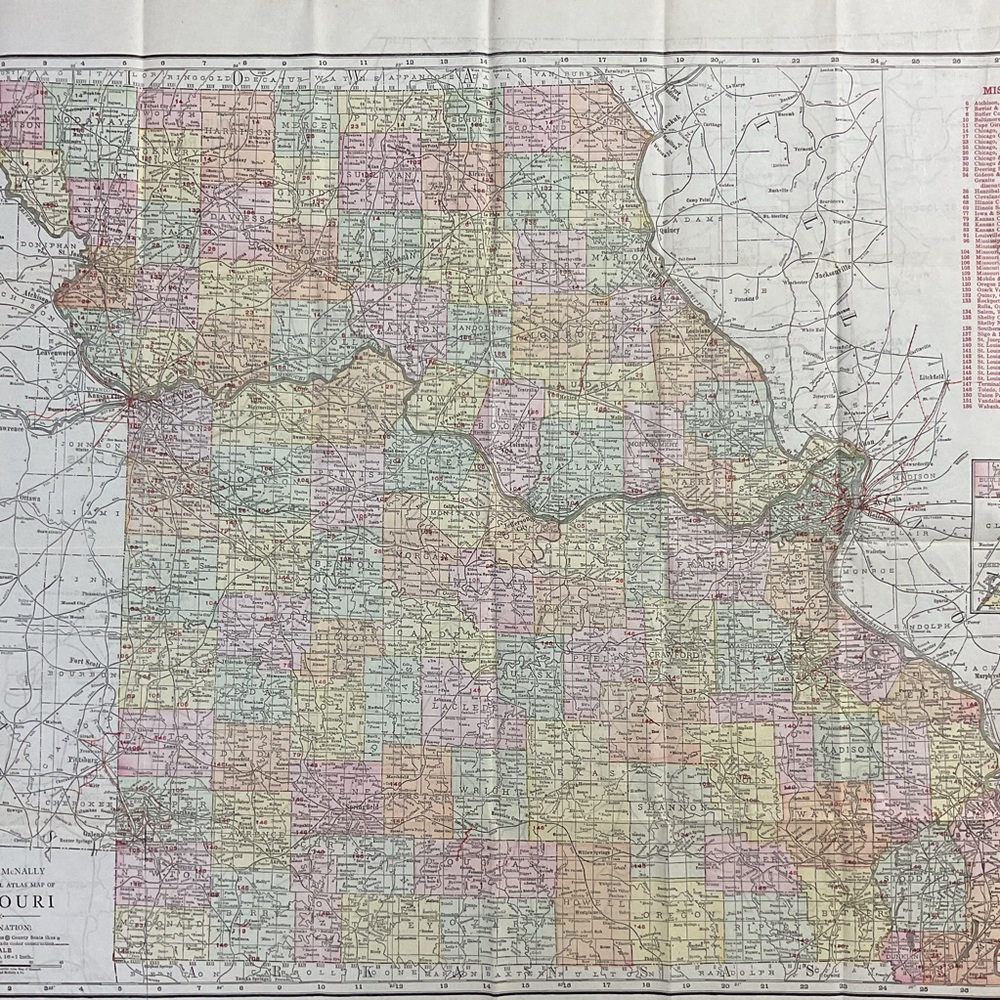 Vintage Missouri atlas foldable map pastel colored county 21” x 27.5”